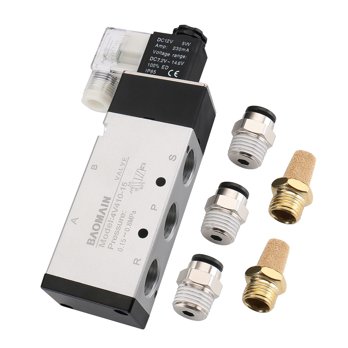 Baomain 1/2-Zoll-Magnetventil 4V410-15 12 V/24 V/110 V/220 V, Einzelspule, vorgesteuert, elektrisch, 2 Positionen, 5-Wege-Anschlusstyp mit 3 Armaturen und 2 Schalldämpfern