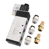 Baomain 1/2" Solenoid Valve 4V410-15 12V/24V/110V/220V Single Coil Pilot-Operated Electric 2 Position 5 Way Connection Type with 3 Fittings and 2 Mufflers