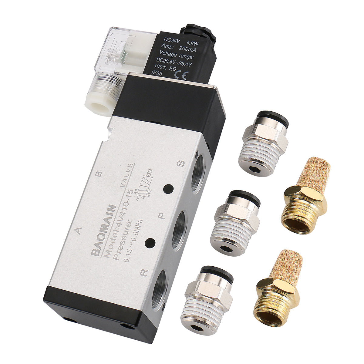 Baomain 1/2-Zoll-Magnetventil 4V410-15 12 V/24 V/110 V/220 V, Einzelspule, vorgesteuert, elektrisch, 2 Positionen, 5-Wege-Anschlusstyp mit 3 Armaturen und 2 Schalldämpfern