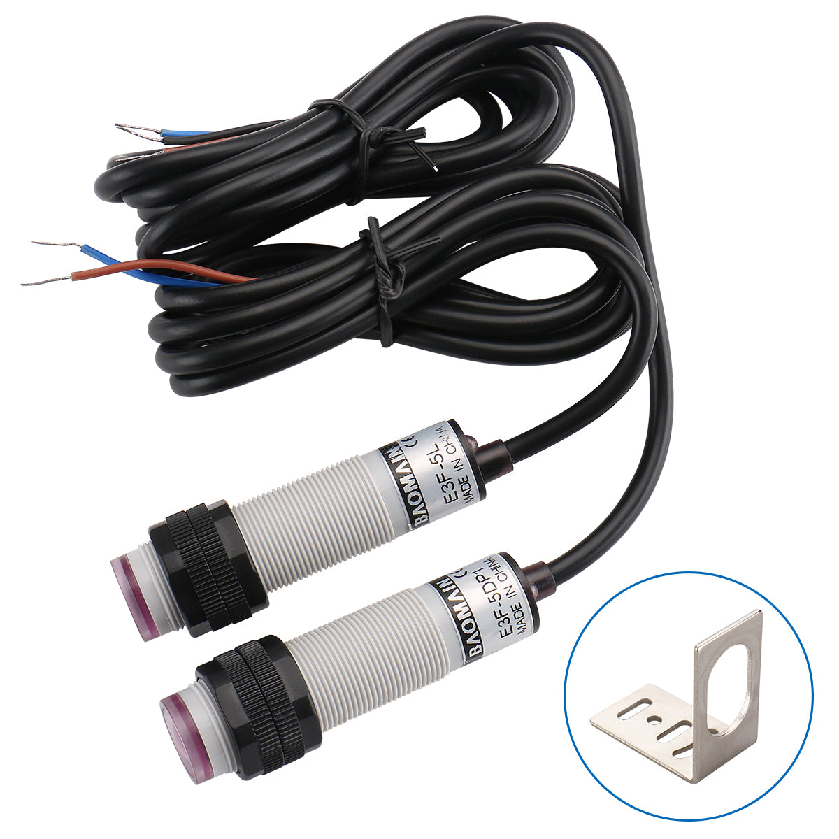 Baomain 1 Paar M18 Infrarot-Durchgangsstrahl-Reflexions-optischer fotoelektrischer Sensorschalter E3F-5DP1+5L PNP NO 10-30 VDC Erfassungsabstand 5 m 3 Drähte mit Montagehalterung
