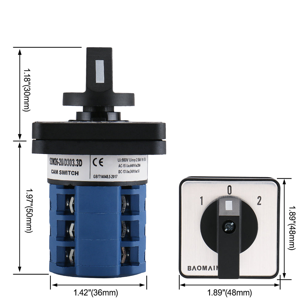 Changeover Rotary Cam Switch 20A On-Off-On 3 Positions 12 Terminals