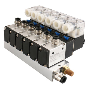 Baomain 6 Space Pneumatic Solenoid Valve 3V210-08 12V/24V/110V/220V PT1/4 2 Position 3 Way Manifold with Base Muffler Quick Fittings Set