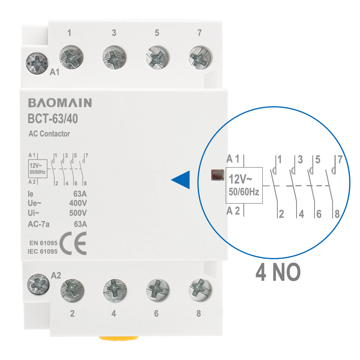 Baomain AC Contactor 63A 4 Pole Universal Circuit Control 35mm DIN Rail Mount CE Listed BCT-63(HC1-63)