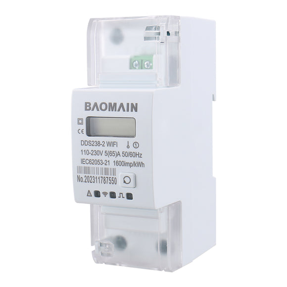 Baomain Single Phase Smart Energy Meter DDS238-2 WiFi 110-230 VAC 5(65)Amp 50/60 Hz, 1600imp/kWh