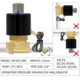 Baomain Pneumatic 1/4 Inch 12V/24V/110V/220V Normally Open 2 Way Brass Electric Solenoid Valve for Water,Air 2W-025-08K