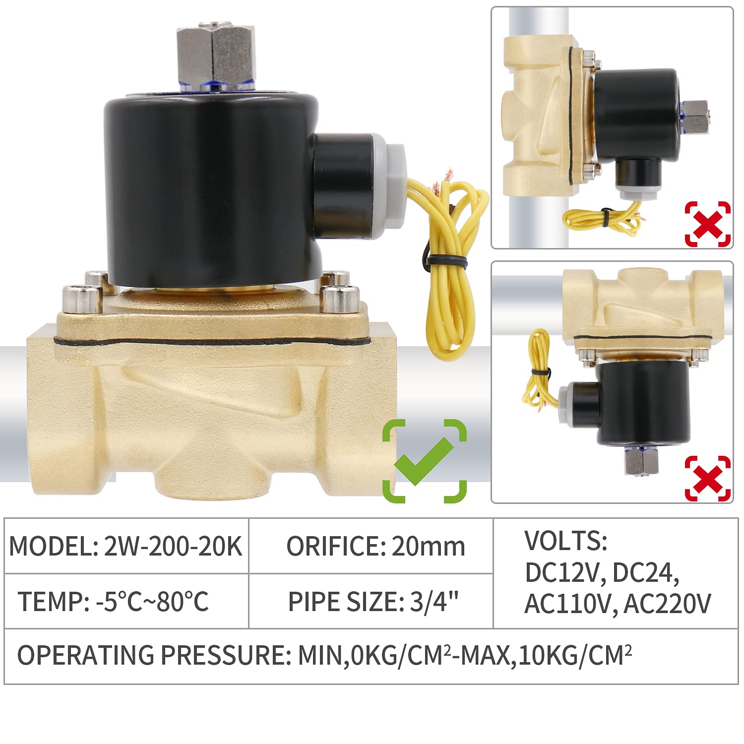 Baomain Pneumatic Electric Solenoid Valve Brass 3/4 Inch 12V/24V/110V/220V Normally Open 2 Way For Water,Air 2W-200-20K