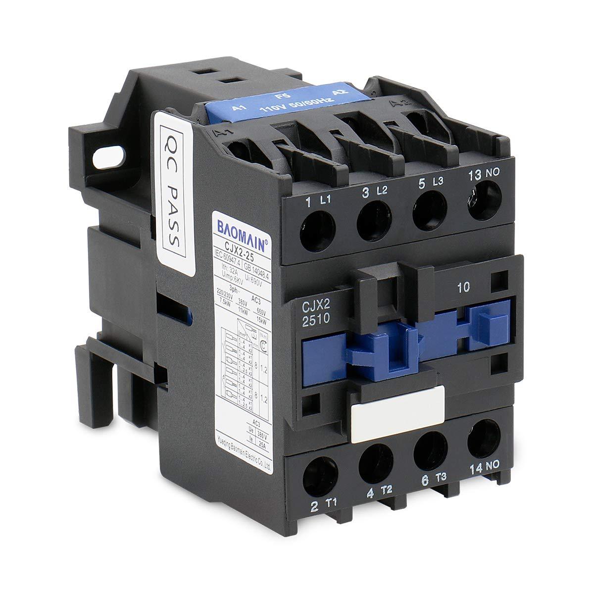 Baomain 25A AC Contactor Normally Open(NO) CJX2-2510 110V Coil 50/60Hz 35 DIN Rail 3P 3 Pole