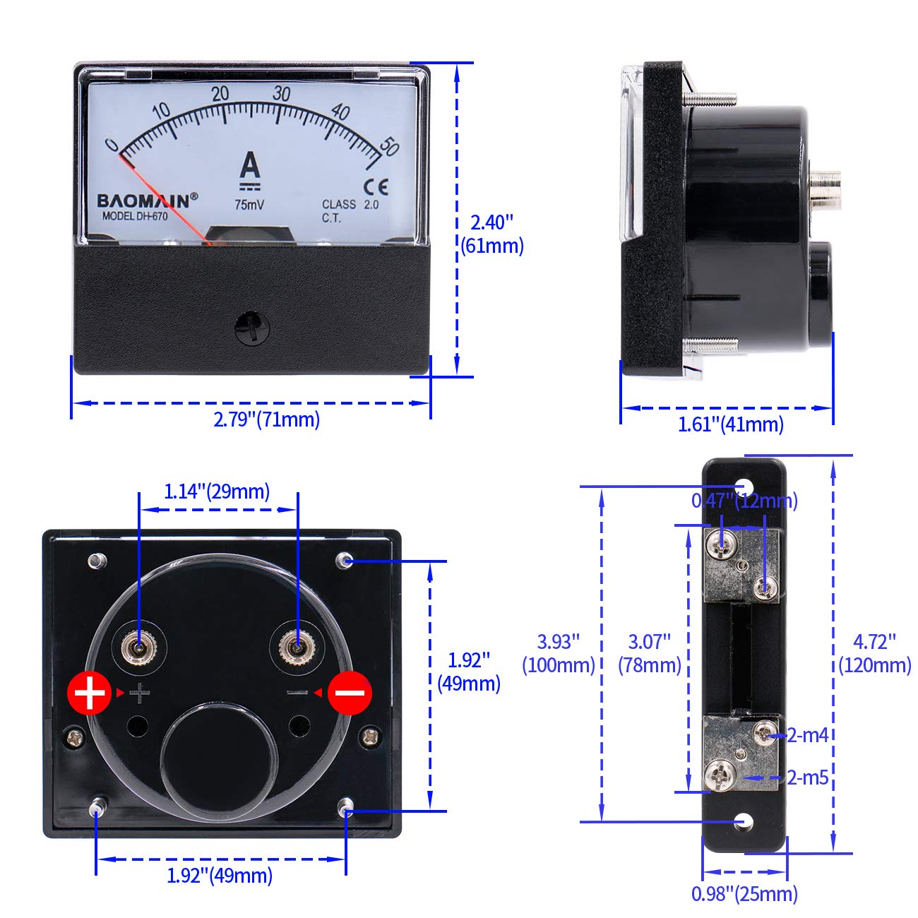 Dc 0-50A Analog Amp Meter Ampèremètre Courant Panel + 50A 75mv Résistance  Shunt