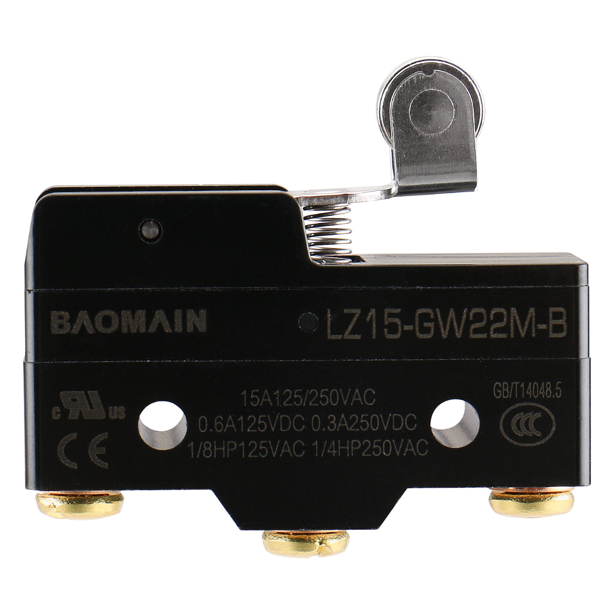 Baomain General Purpose Basic Micro Switch, Short Hinge Mental Roller Lever, Z-15GW22M-B（ Z-15GW22S), Screw Terminal, 0.5mm Contact Gap, M4 Screw Terminal, UL listed