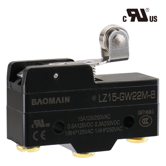 Baomain General Purpose Basic Micro Switch, Short Hinge Mental Roller Lever, Z-15GW22M-B（ Z-15GW22S), Screw Terminal, 0.5mm Contact Gap, M4 Screw Terminal, UL listed