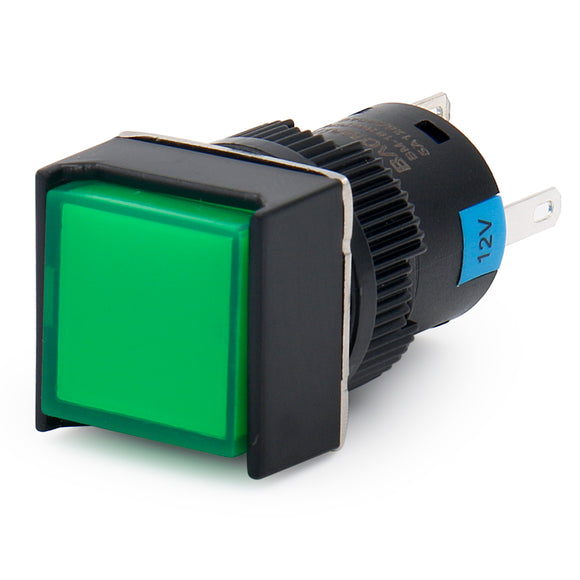 Baomain 16mm Latching Push Button Switch Square Cap Green LED Lamp 12V/24V/110V/220V SPDT 5 Pin Pack of 5
