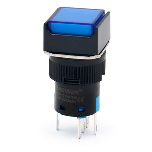 Baomain 16mm Momentary Push Button Switch Square Cap Blue LED Lamp 12V/24V/110V/220V SPDT 5 Pin Pack of 5