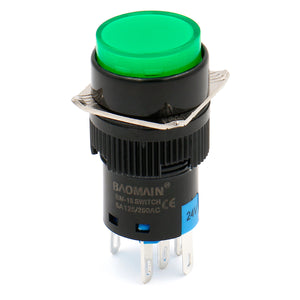 Baomain 16mm Round Momentary Green Push Button Switch 12V/24V/110V/220V Green LED Lamp SPDT 5 Pin Pack of 5