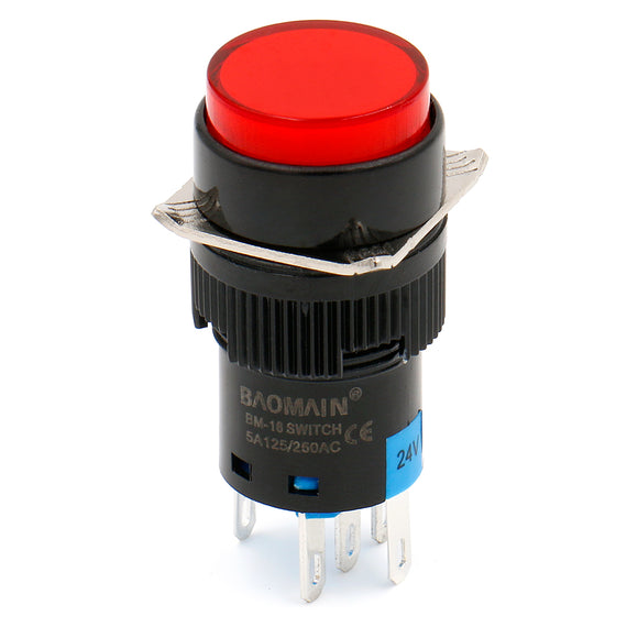 Baomain 16mm Red Momentary Push Button Switch Round Cap 12V/24V/110V/220V Red LED Lamp SPDT 5 Pin Pack of 5