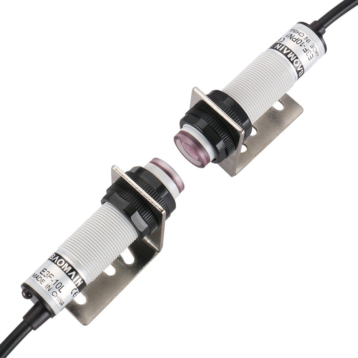 Baomain 1 Paar M18 Infrarot-Durchgangsstrahl-Reflexions-optischer fotoelektrischer Sensorschalter E3F-10PN1/E3F-10L PNP NO 10-30 VDC Erfassungsdistanz 10 m 3 Drähte mit Montagehalterung
