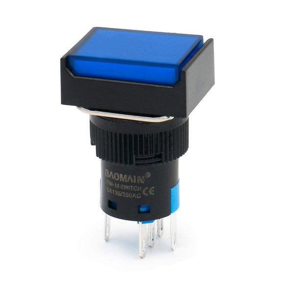 Baomain 16mm Blue Momentary Push Button Switch Rectangular Cap 12V/24V/110V/220V Blue LED Lamp SPDT 5 Pin Pack of 5