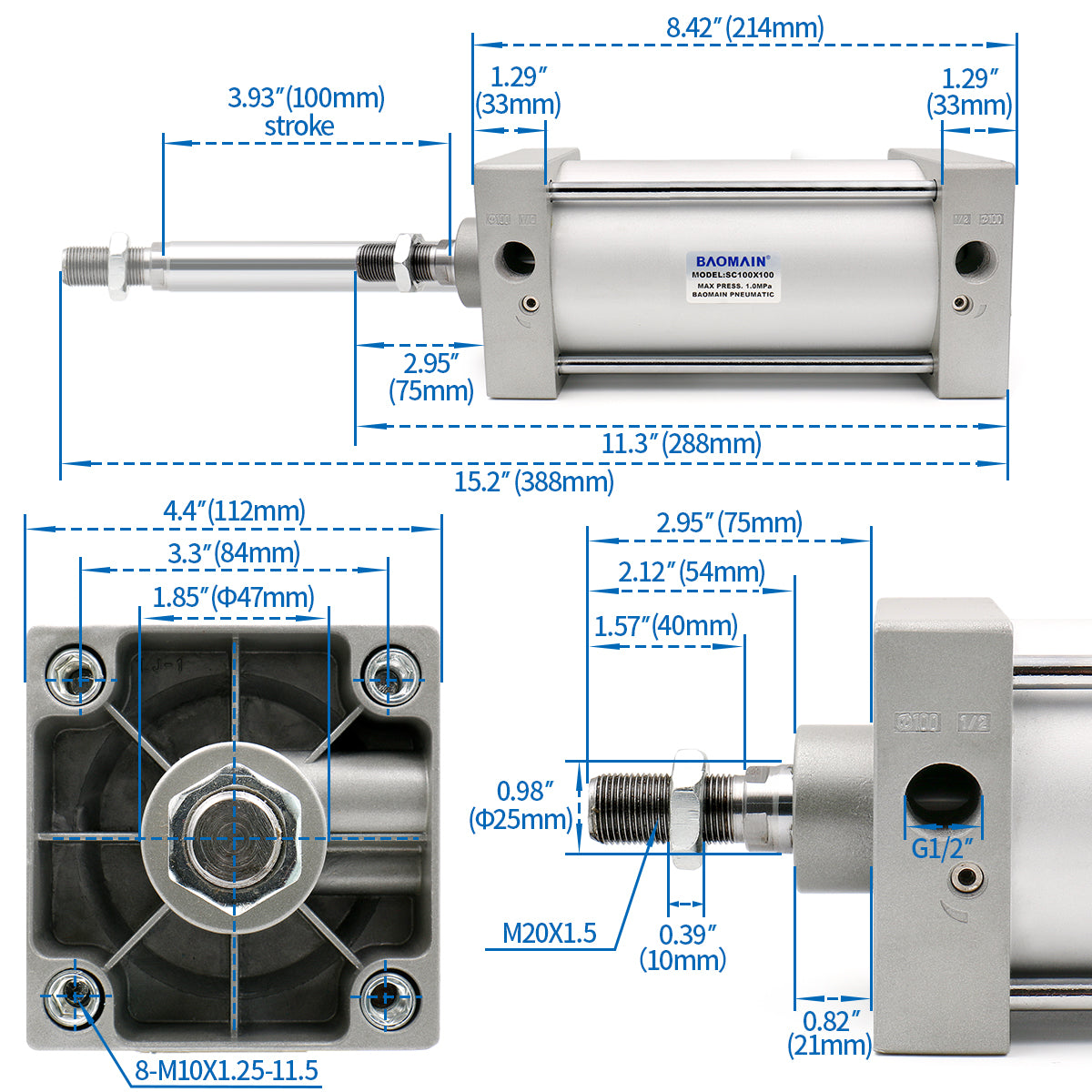 Pneumatic Air Cylinder SC 100 Bore: 4" Series  Port Size: PT1/2 Screwed Piston Rod Dual Action - BAOMAIN