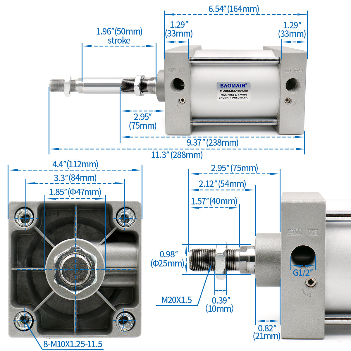 Pneumatic Air Cylinder SC 100 Bore: 4" Series  Port Size: PT1/2 Screwed Piston Rod Dual Action - BAOMAIN