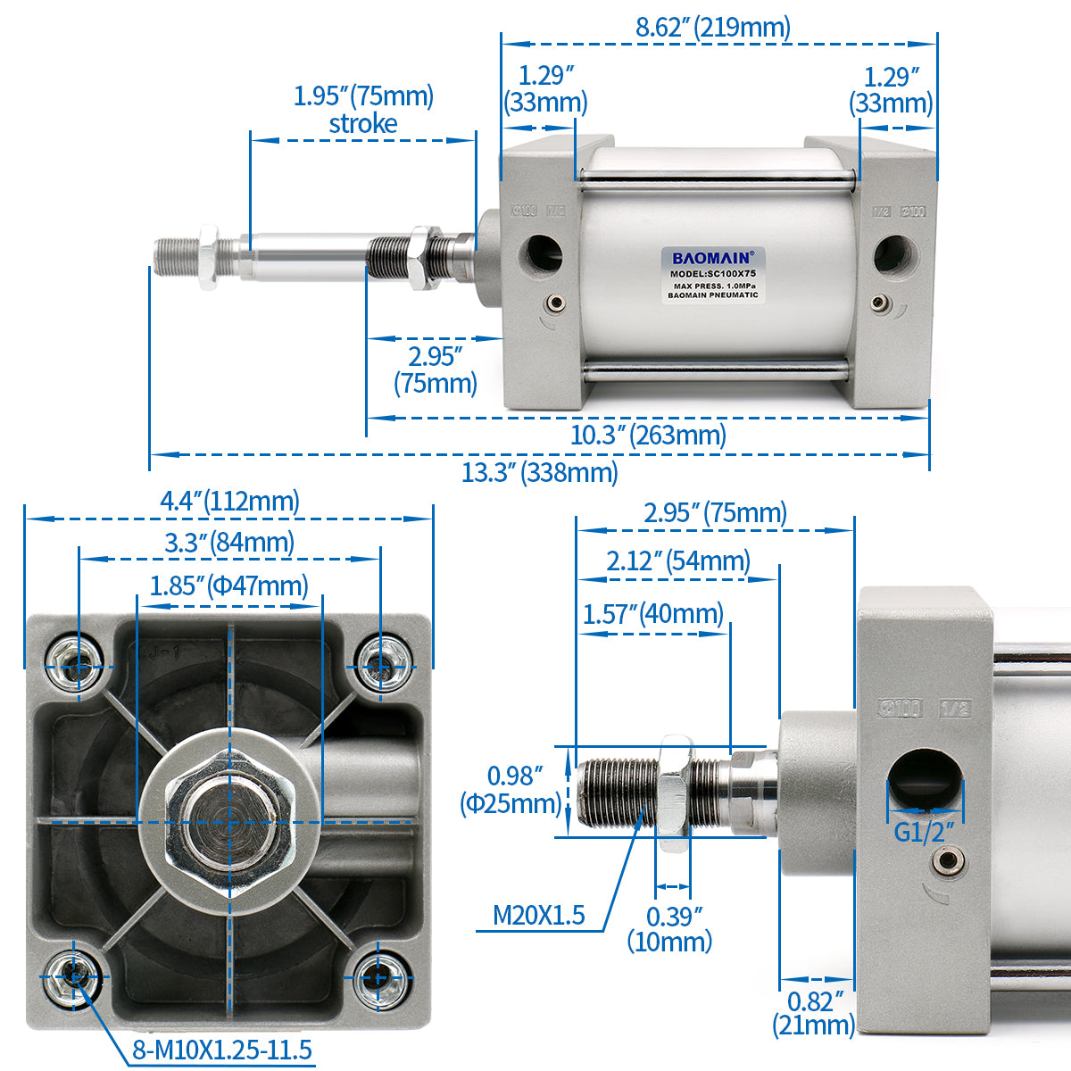 Pneumatic Air Cylinder SC 100 Bore: 4" Series  Port Size: PT1/2 Screwed Piston Rod Dual Action - BAOMAIN