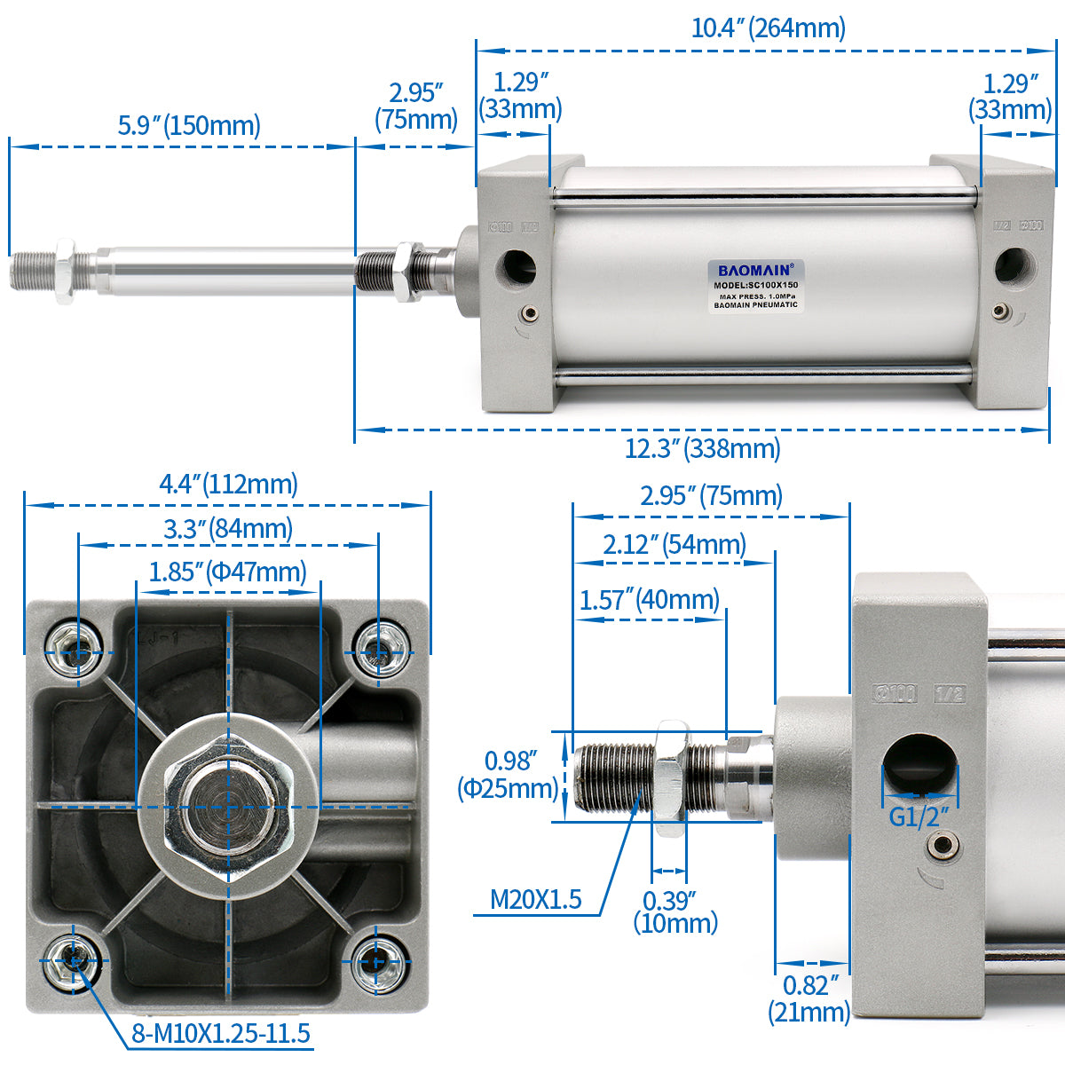 Pneumatic Air Cylinder SC 100 Bore: 4" Series  Port Size: PT1/2 Screwed Piston Rod Dual Action - BAOMAIN