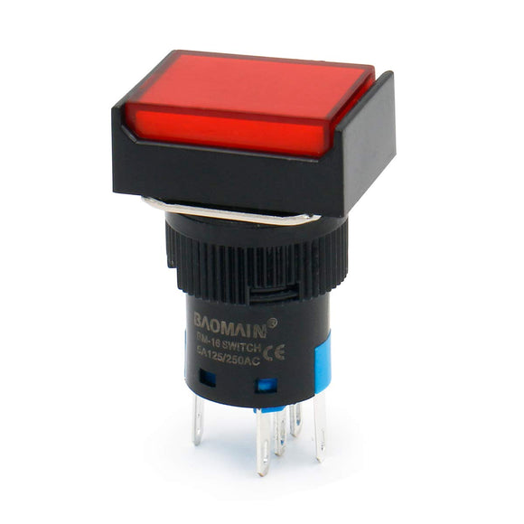 Baomain 16mm Red Momentary Push Button Switch Rectangular Cap Red LED Lamp SPDT 5 Pin Pack of 5