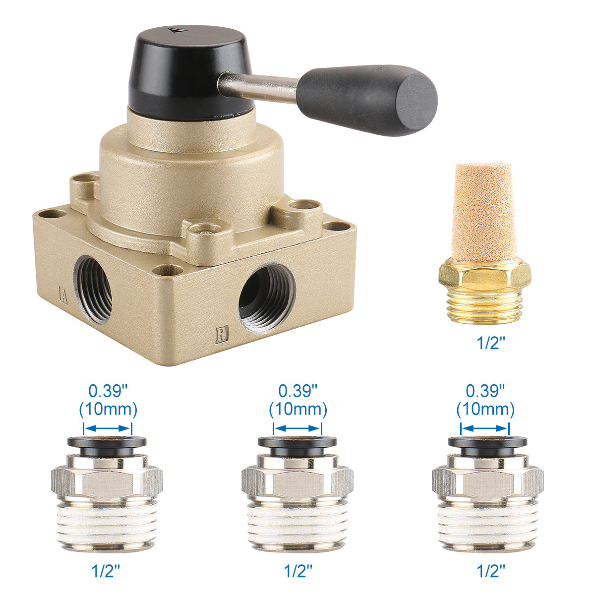 1/4 NPT Air Hand Lever Operated Valve - 5 Way 3 Position, Low 25 PSI Start, Aluminum Body