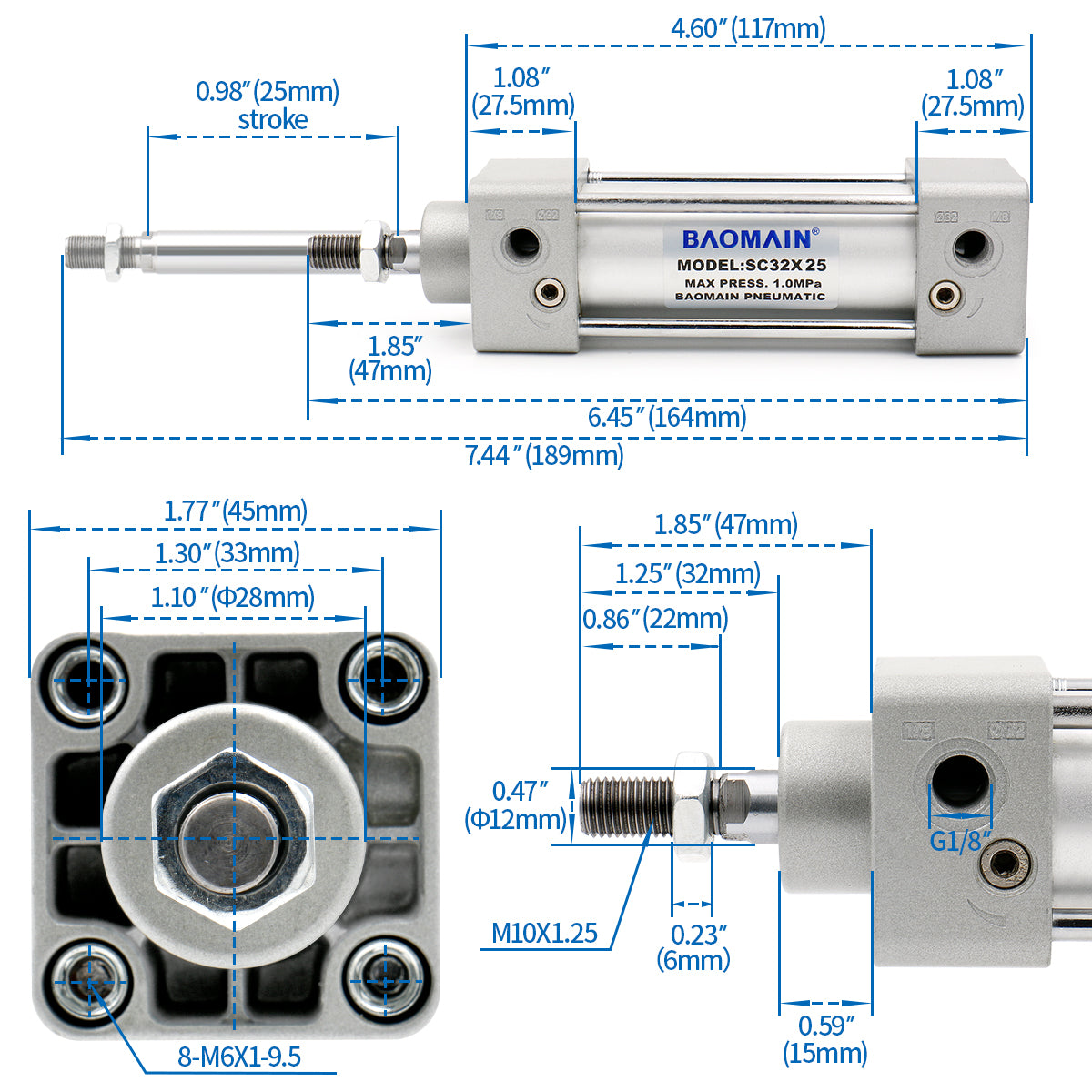 Baomain Pneumatischer Luftzylinder SC 32 PT 1/8, Bohrung: 1 1/4 Zoll (32 mm), verschraubte Kolbenstange, Doppelwirkung, 1 MPa