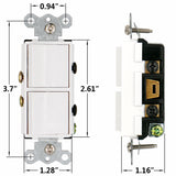 Duplex Rocker switch 15 Amp, 120 Volt, Single-Pole AC Combination Switch, Commercial Grade, Grounding, UL & CUL White