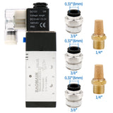 Baomain Pneumatic Solenoid Valve 4V310-10 12V/24V/110V/220V PT 3/8" 2 Position 5 Way Single Coil Pilot-Operated Electric Control with 3 Fitting and 2 Muffler