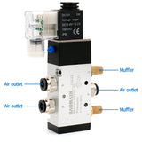 Baomain Pneumatic Solenoid Valve 4V310-10 12V/24V/110V/220V PT 3/8" 2 Position 5 Way Single Coil Pilot-Operated Electric Control with 3 Fitting and 2 Muffler