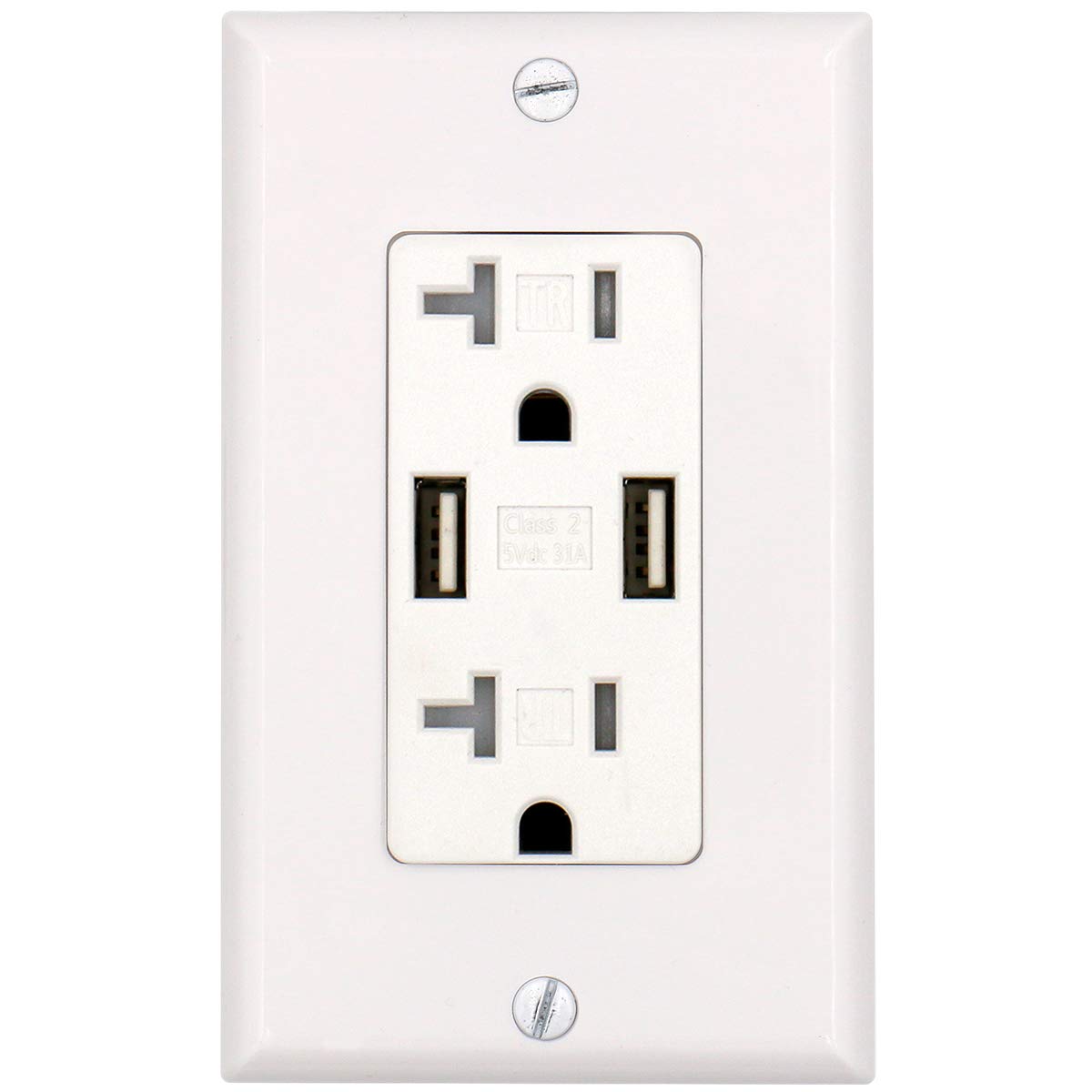 Baomain USB Charger Outlet/Duplex Receptacle, Tamper Resistant outlet, 3.1A 5VDC, 20A 120VAC, UL & CUL listed, with Wall Plate, White