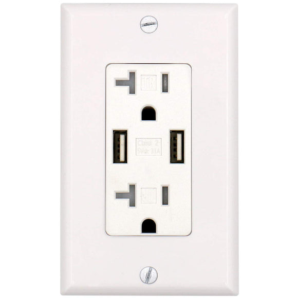 Baomain USB Charger Outlet/Duplex Receptacle, Tamper Resistant outlet, 3.1A 5VDC, 20A 120VAC, UL & CUL listed, with Wall Plate, White