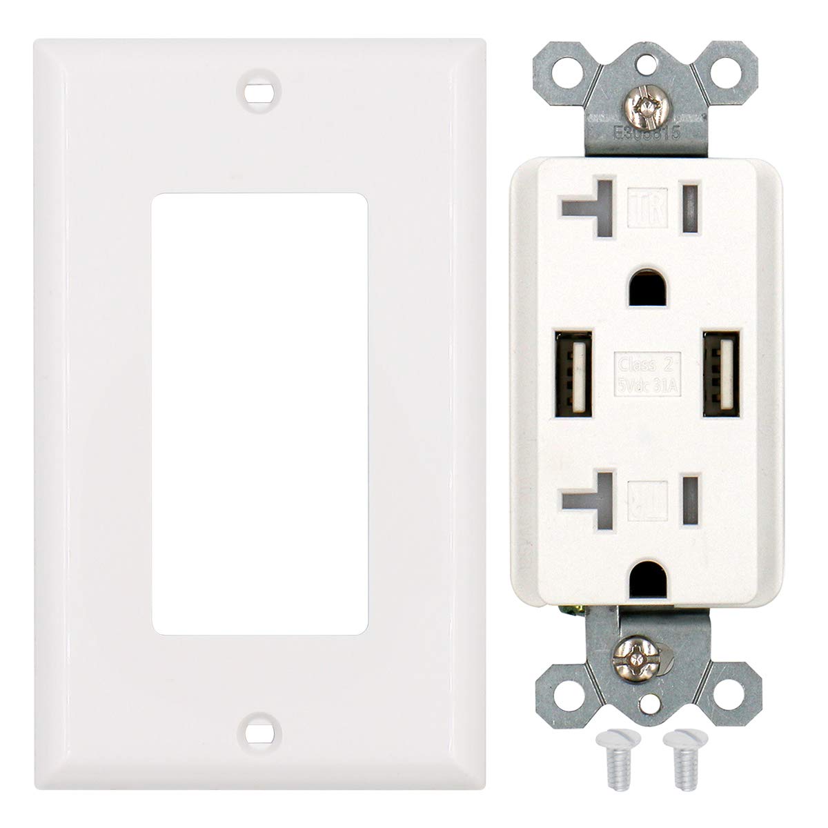 Baomain USB Charger Outlet/Duplex Receptacle, Tamper Resistant outlet, 3.1A 5VDC, 20A 120VAC, UL & CUL listed, with Wall Plate, White