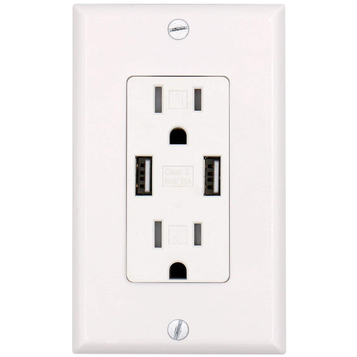 Baomain USB Charger Outlet/Duplex Receptacle, Tamper Resistant outlet, 3.1A 5VDC, 15A 120VAC, UL & CUL listed, with Wall Plate, White