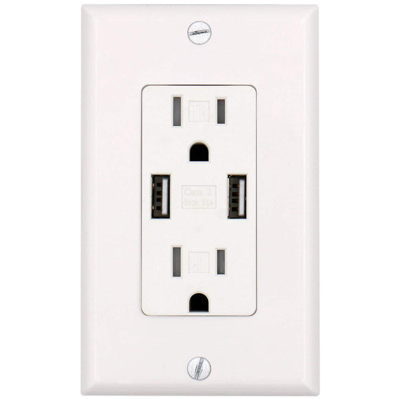 Baomain USB Charger Outlet/Duplex Receptacle, Tamper Resistant outlet, 3.1A 5VDC, 15A 120VAC, UL & CUL listed, with Wall Plate, White