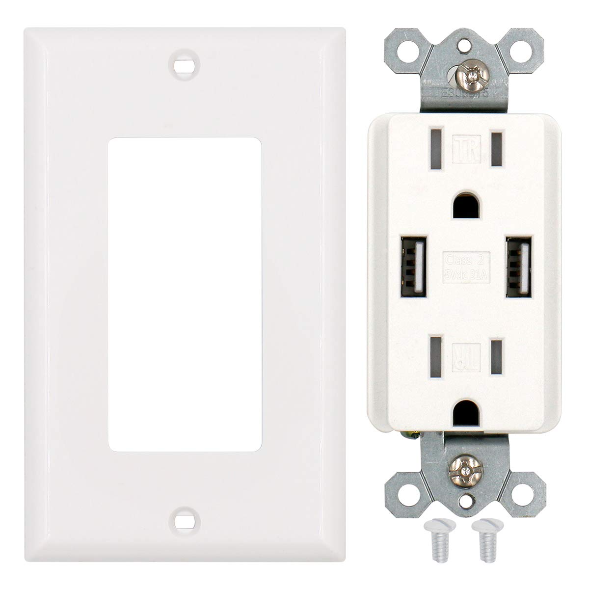 Baomain USB Charger Outlet/Duplex Receptacle, Tamper Resistant outlet, 3.1A 5VDC, 15A 120VAC, UL & CUL listed, with Wall Plate, White