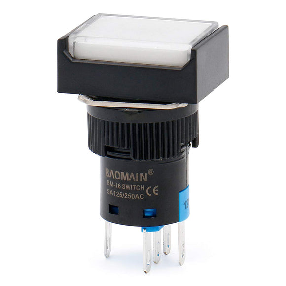 Baomain 16mm White Momentary Push Button Switch Rectangular Cap White LED Lamp SPDT 5 Pin Pack of 5